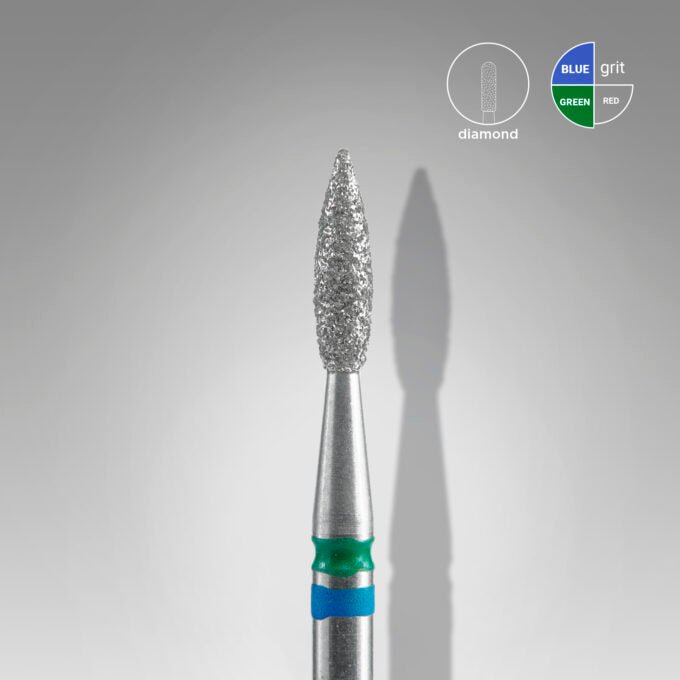 Diamond nail drill bit DUO flame blue - green EXPERT head diameter 2,1 mm / working part 8 mm - Elegance Beauty Suisse