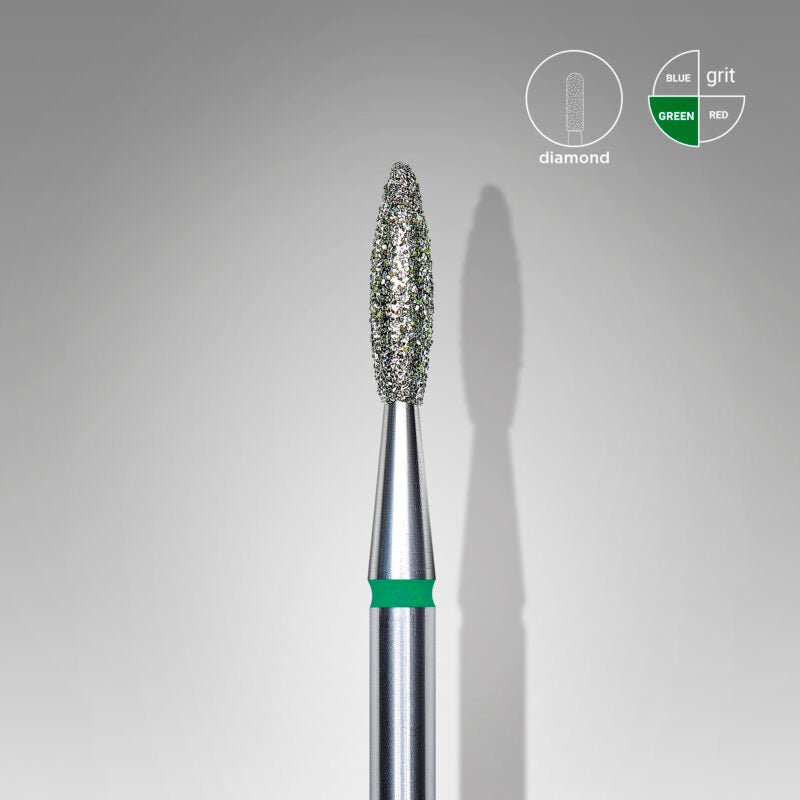 Diamond Nail Drill Bit, "Flame", Green, Head Diameter 2.1 Mm, Working Part 8 Mm - Elegance Beauty