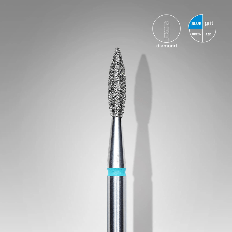 Diamond Nail Drill Bit, Pointed "Flame", Blue, Head Diameter 2.1 Mm, Working Part 8 Mm - Elegance Beauty